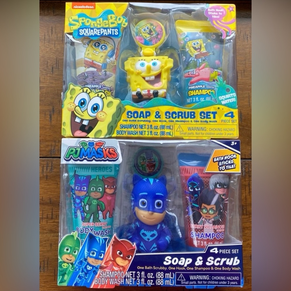 •NIB•{2} Soap & Scrub 4-Piece Bath Gift Sets- SpongeBob & PJ Masks Theme